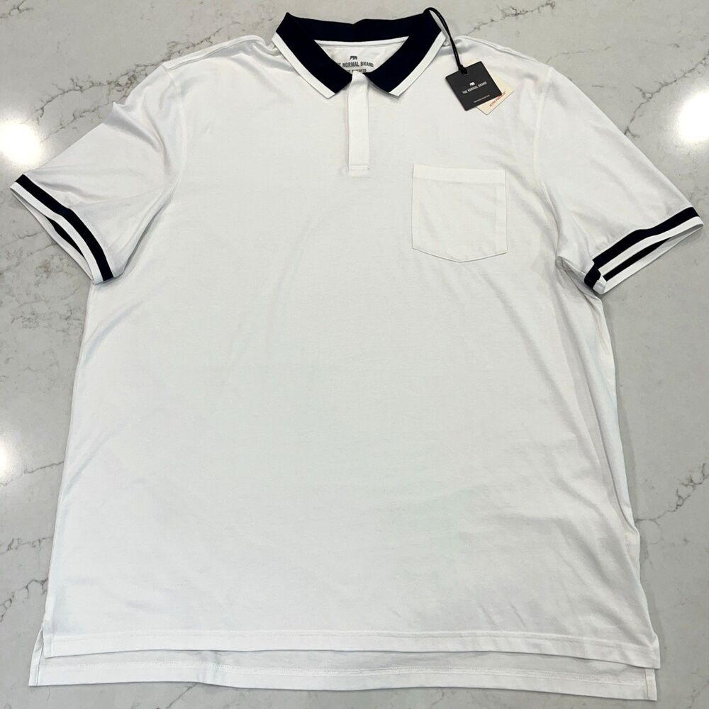 The Normal Brand NEW Mens XXL Active Puremeso Tipped Polo‎ Whit Nave Blue Pocket